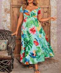 V-Neck Waisted Tropical Plant Print Plus Size Dress