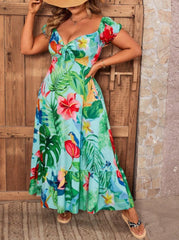 V-Neck Waisted Tropical Plant Print Plus Size Dress