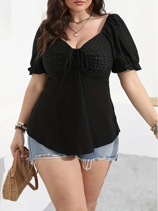 Plus Size Women's Hollow Drawstring Short Sleeve Top