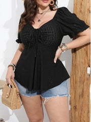 Plus Size Women's Hollow Drawstring Short Sleeve Top