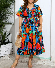 Plus Size V-neck Floral Resort Beach Dress