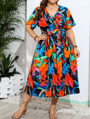 Plus Size V-neck Floral Resort Beach Dress