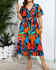 Plus Size V-neck Floral Resort Beach Dress