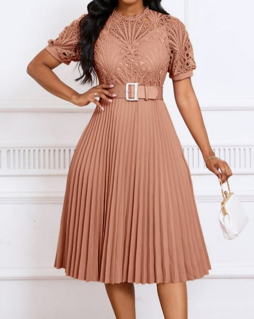 Plus Size Lace Paneled Pleated Dress