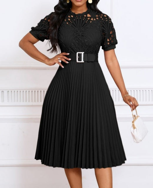 Plus Size Lace Paneled Pleated Dress