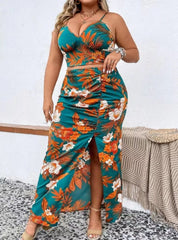 Plus Size Printed V-neck Pleated Slit Skirt