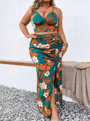 Plus Size Printed V-neck Pleated Slit Skirt