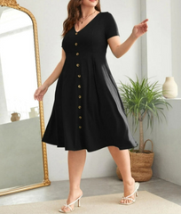 V-Neck Solid Color Buttoned Plus Size Dress