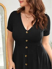 V-Neck Solid Color Buttoned Plus Size Dress