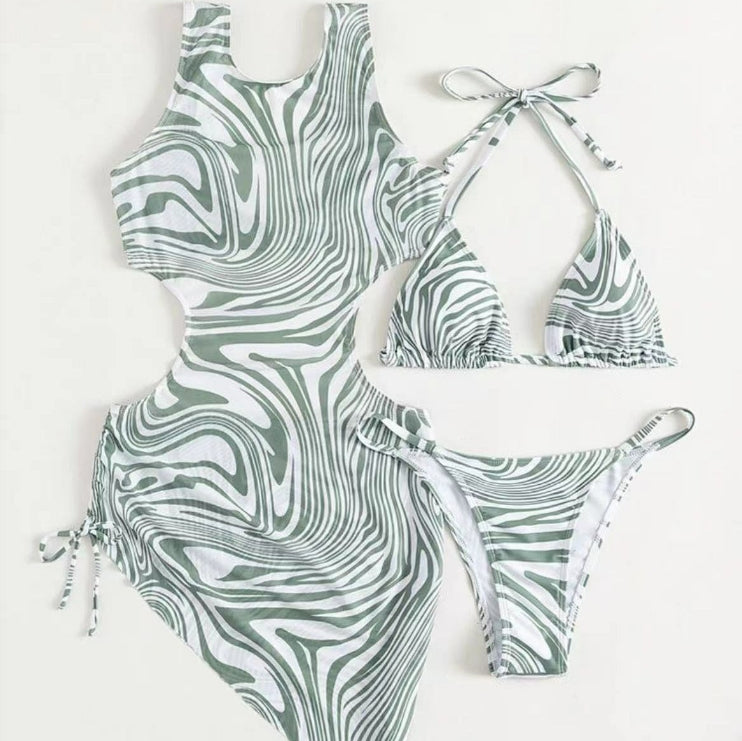 Green Striped Printed Cover-Up Swimsuit