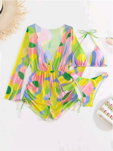 One-Piece Long-Sleeved Mesh Cover-Up Bikini Three-Piece Swimsuit