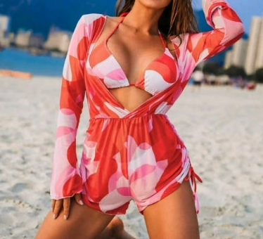 One-Piece Long-Sleeved Mesh Cover-Up Bikini Three-Piece Swimsuit