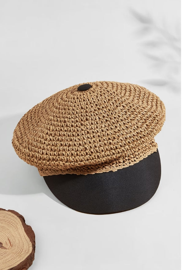 Black & Straw Colorblock Pageboy Hat