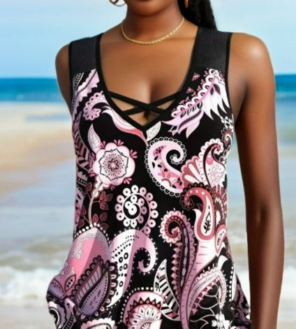 Split Printed Belly Covering Swimsuit