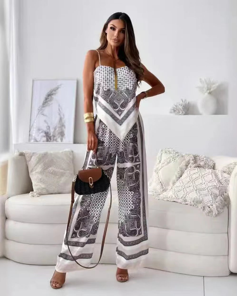 🌸Up to 80% off🔥 Unique Printed Sling Backless Strappy Top and Elastic Waisted Loose Pants Set