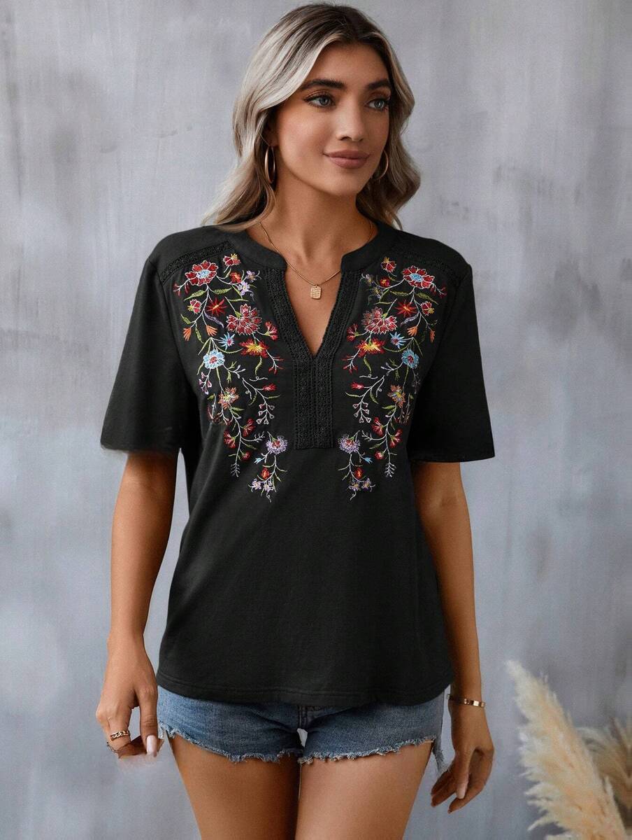 Embroidered patchwork lace trimmed shirt