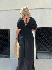 V-neck bat sleeves slit maxi dress