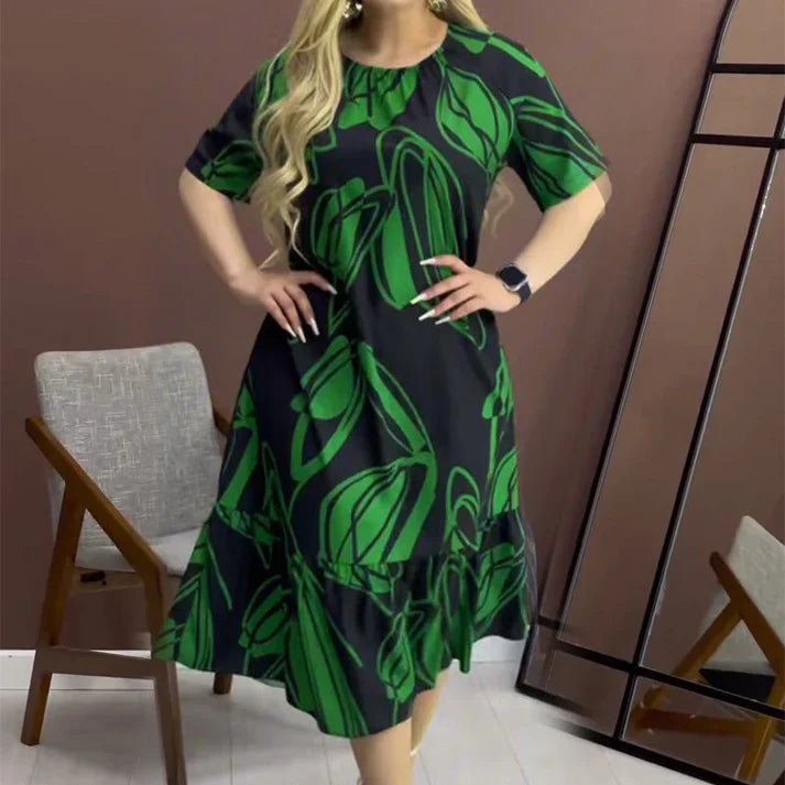 Floral Pattern Round Neck Short Sleeve Dress