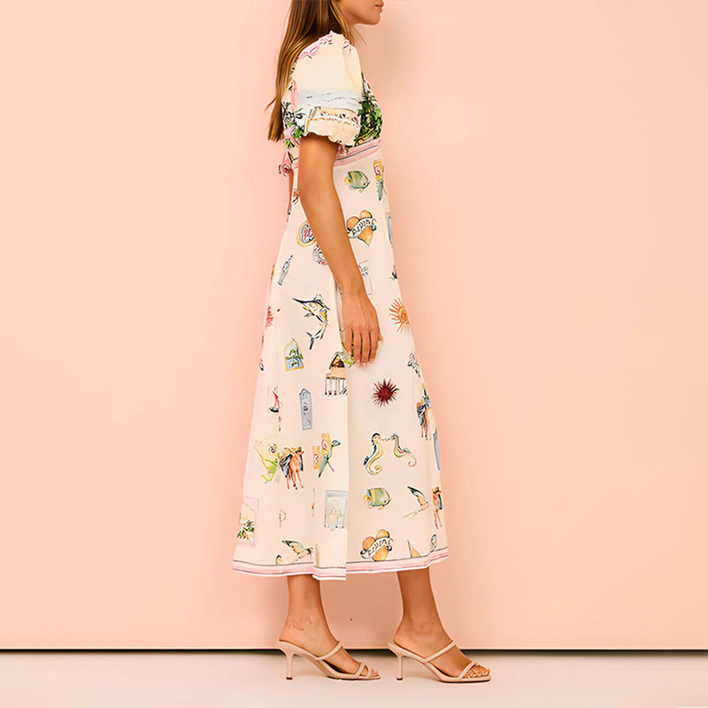 Sunset Printed Bubble Sleeve Dress