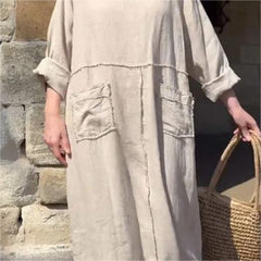 Solid color round neck cotton and linen dress