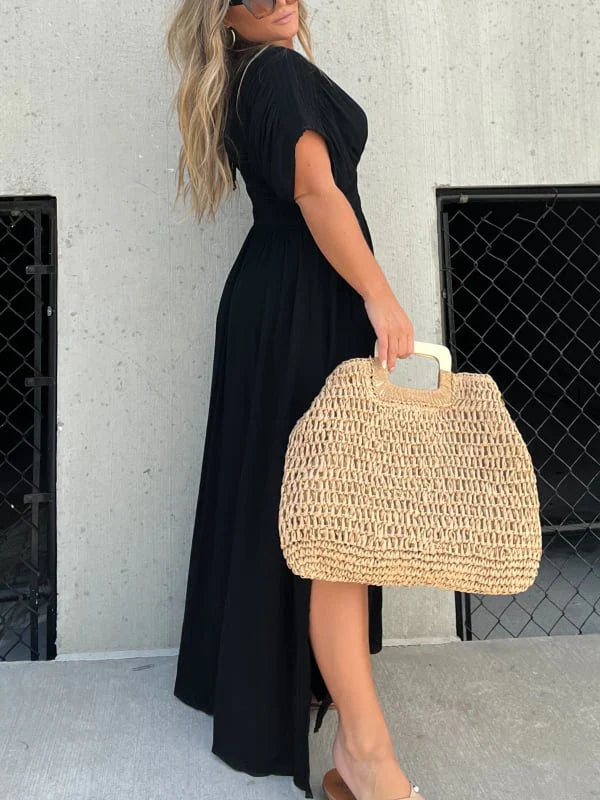 V-neck bat sleeves slit maxi dress