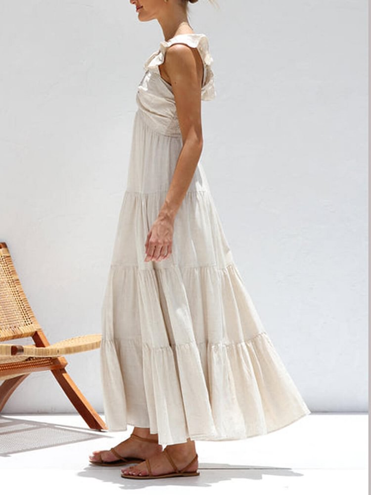 V-neck ruffled suspender holiday maxi dress