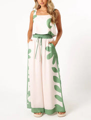 Vest Printed Elastic Waist Wide Leg Pants Two-piece Set