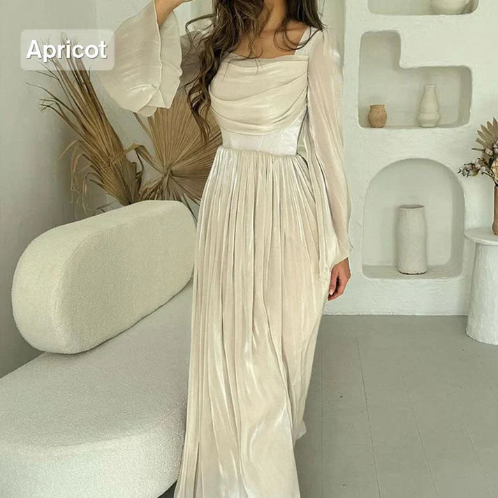 Women's Elegant Square Neck Pleated Flowy Long Dress