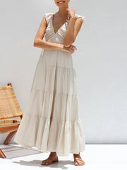 V-neck ruffled suspender holiday maxi dress