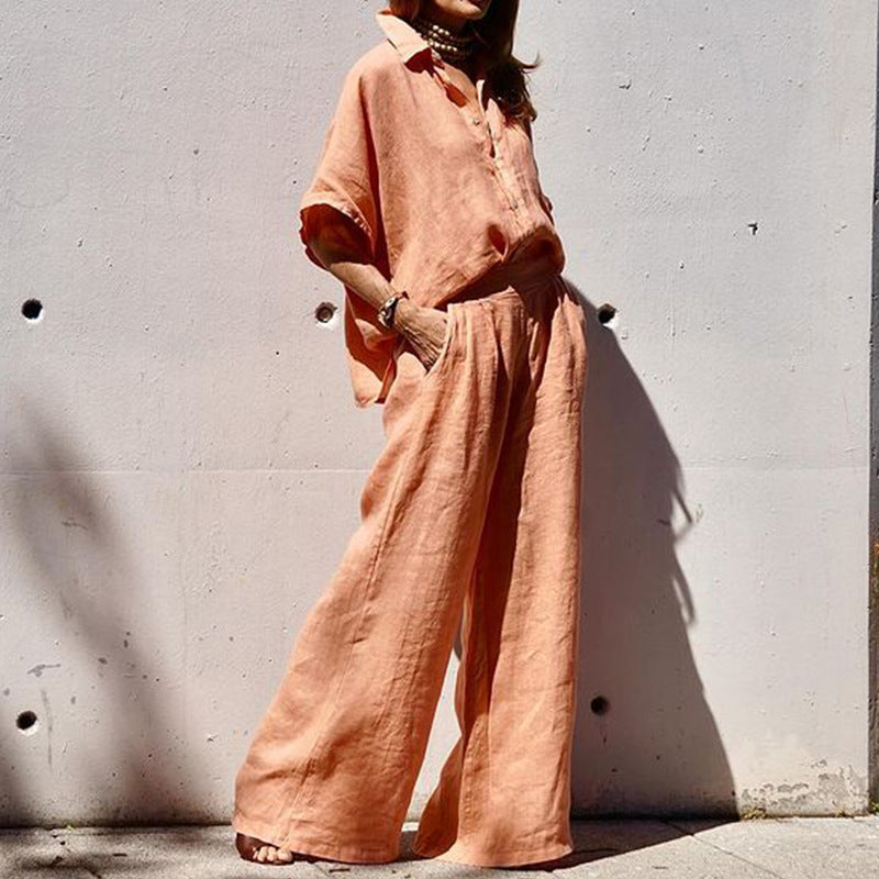 Solid color cotton and linen lapel 2-piece set