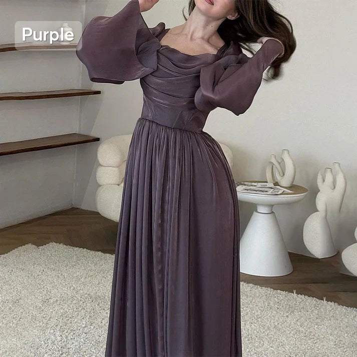 Women's Elegant Square Neck Pleated Flowy Long Dress