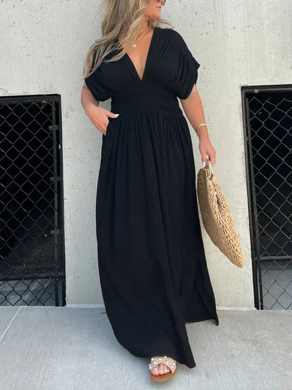 V-neck bat sleeves slit maxi dress