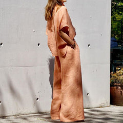 Solid color cotton and linen lapel 2-piece set