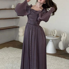 Women's Elegant Square Neck Pleated Flowy Long Dress