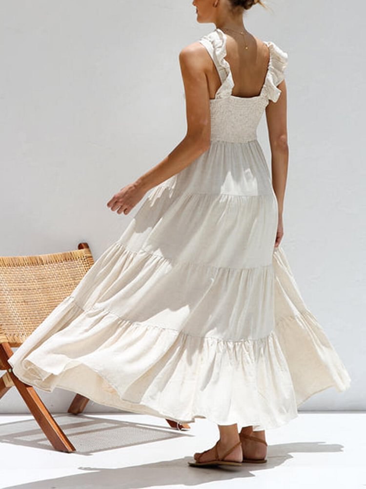 V-neck ruffled suspender holiday maxi dress