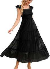 Womens Sleeveless Smocked Tulle Dress Solid Shoulder Strap A-Line Flowly Party Tiered Dresses