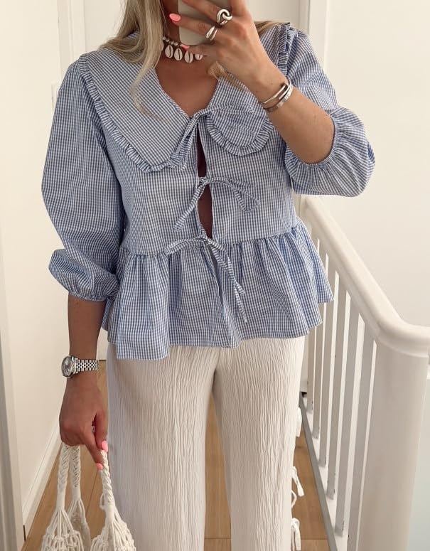 Women Puff Sleeve Peplum Shirts Bow Tie Front Gingham Babydoll Blouse Y2K Lace Up Cute Summer Tops (Collared Sky Blue Gingham, S)