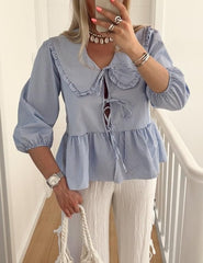 Women Puff Sleeve Peplum Shirts Bow Tie Front Gingham Babydoll Blouse Y2K Lace Up Cute Summer Tops (Collared Sky Blue Gingham, S)