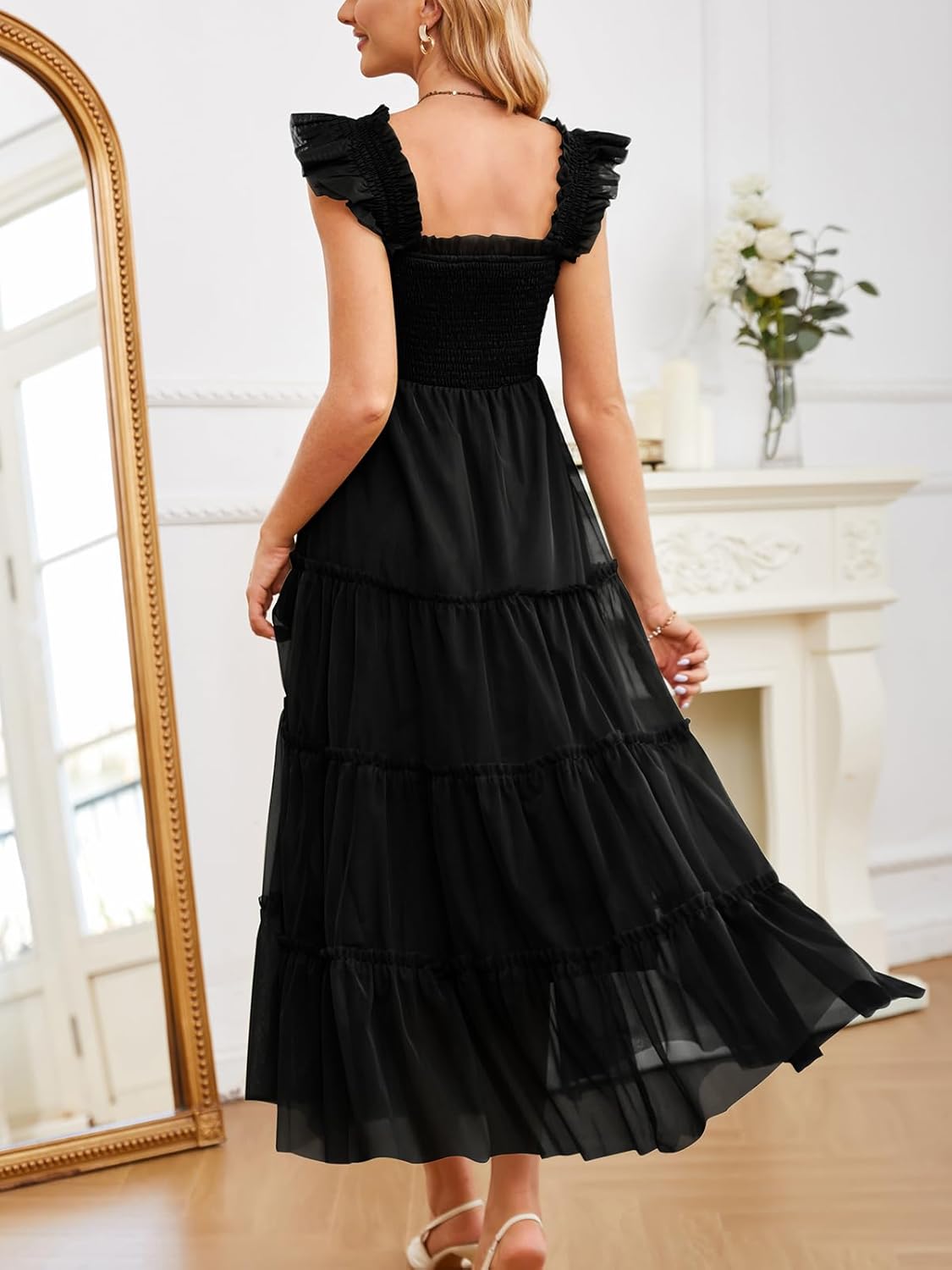 Womens Sleeveless Smocked Tulle Dress Solid Shoulder Strap A-Line Flowly Party Tiered Dresses