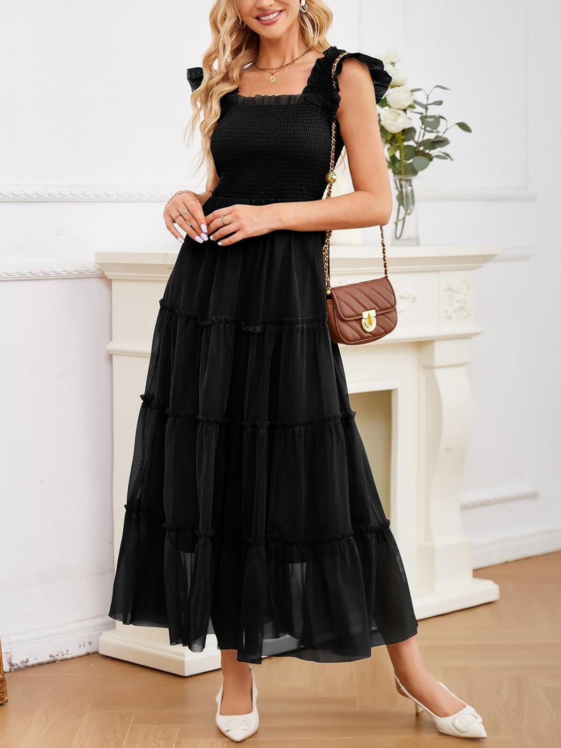 Womens Sleeveless Smocked Tulle Dress Solid Shoulder Strap A-Line Flowly Party Tiered Dresses