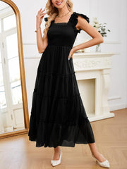 Womens Sleeveless Smocked Tulle Dress Solid Shoulder Strap A-Line Flowly Party Tiered Dresses