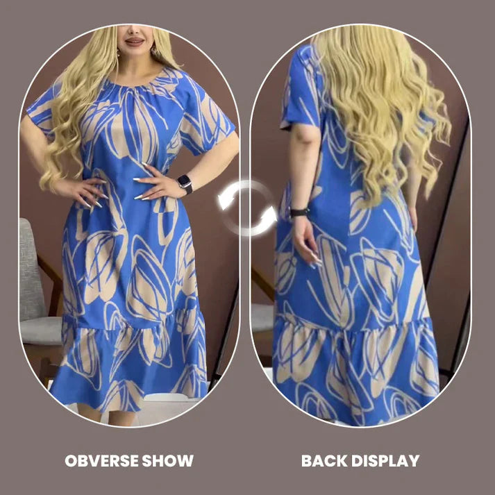 Floral Pattern Round Neck Short Sleeve Dress