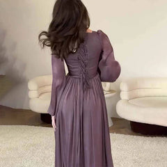 Women's Elegant Square Neck Pleated Flowy Long Dress