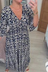 🔥🔥Casual Print V-Neck Waist Wrap Long Dress