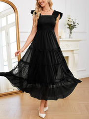 Womens Sleeveless Smocked Tulle Dress Solid Shoulder Strap A-Line Flowly Party Tiered Dresses