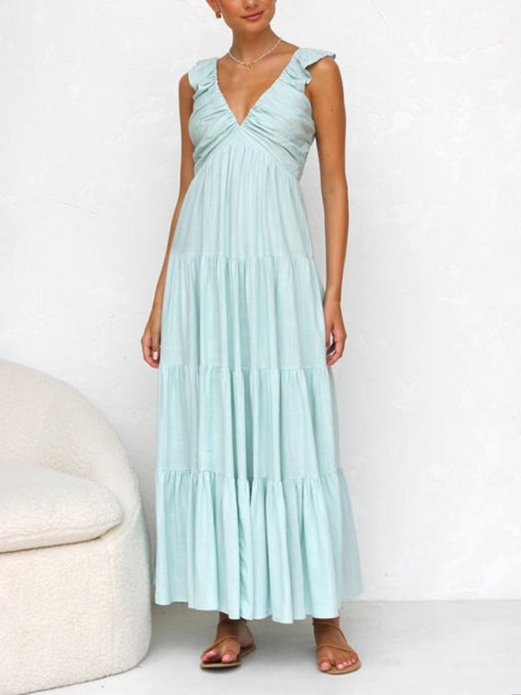 V-neck ruffled suspender holiday maxi dress