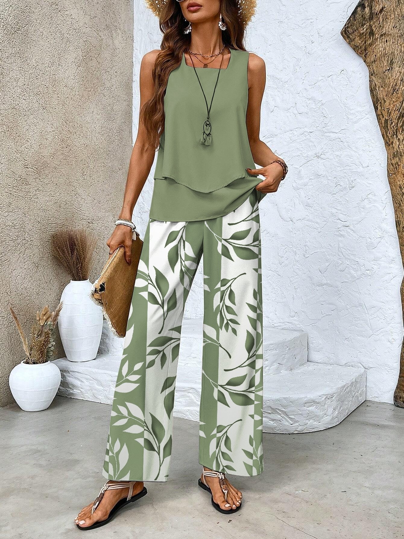 🌸Up to 50% off🔥 Women Leaf Crew Neck Sleeveless Comfy Casual Top With Pants Two-Piece Set