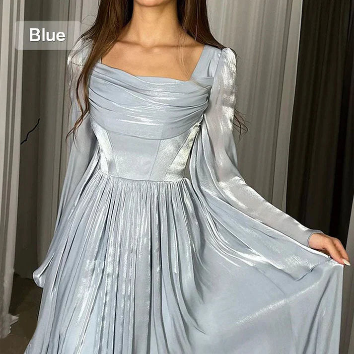 Women's Elegant Square Neck Pleated Flowy Long Dress