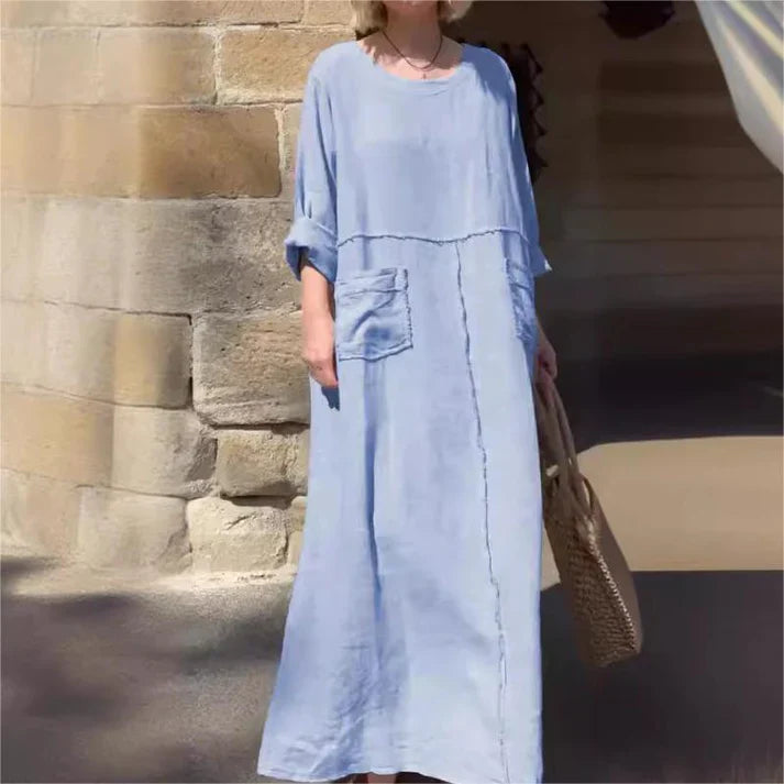 Solid color round neck cotton and linen dress