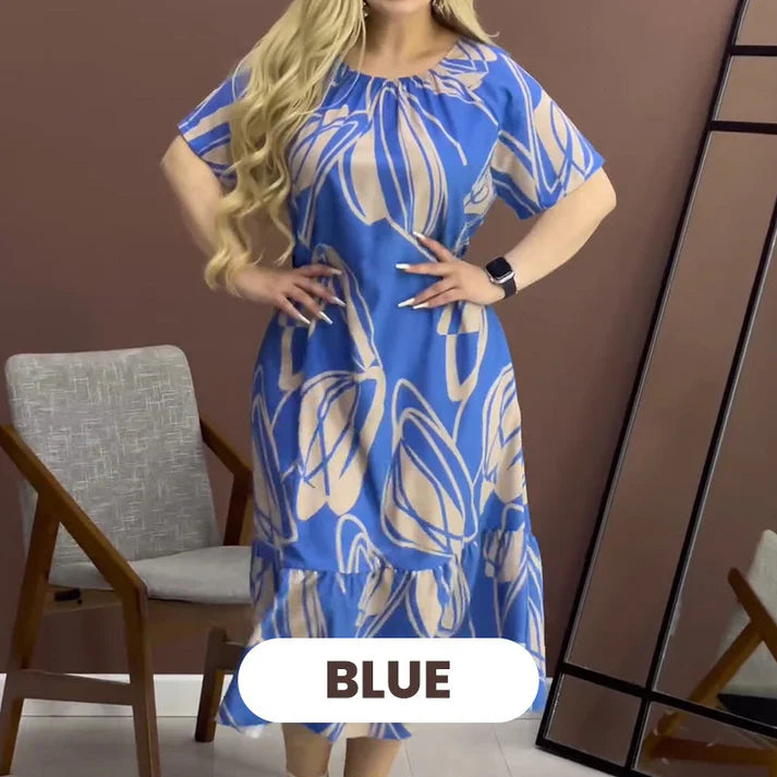 Floral Pattern Round Neck Short Sleeve Dress